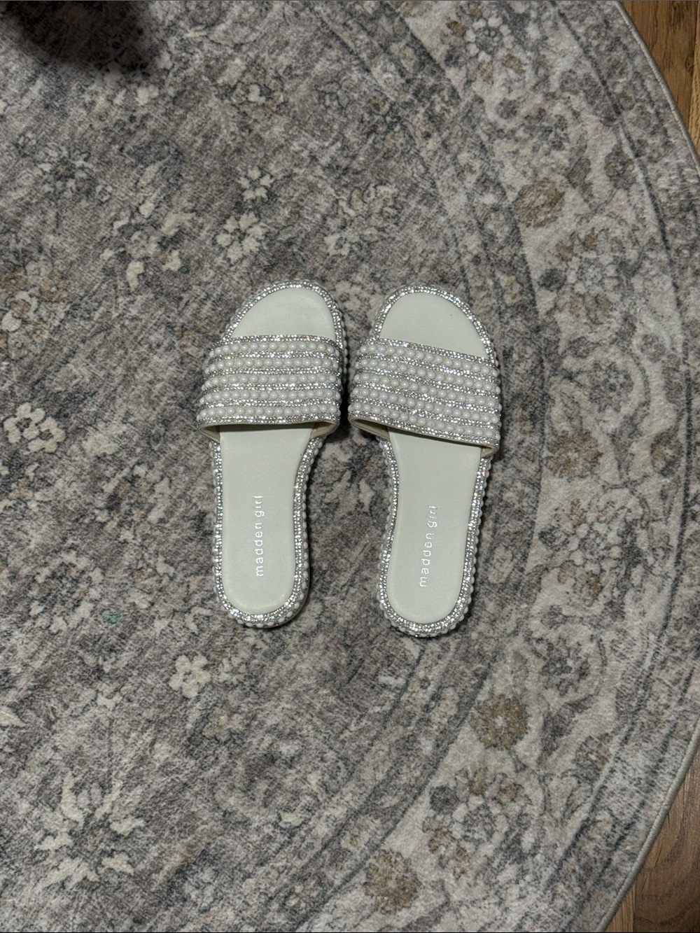 Madden Girl Ivory Crystal Embellished Slide Sandals